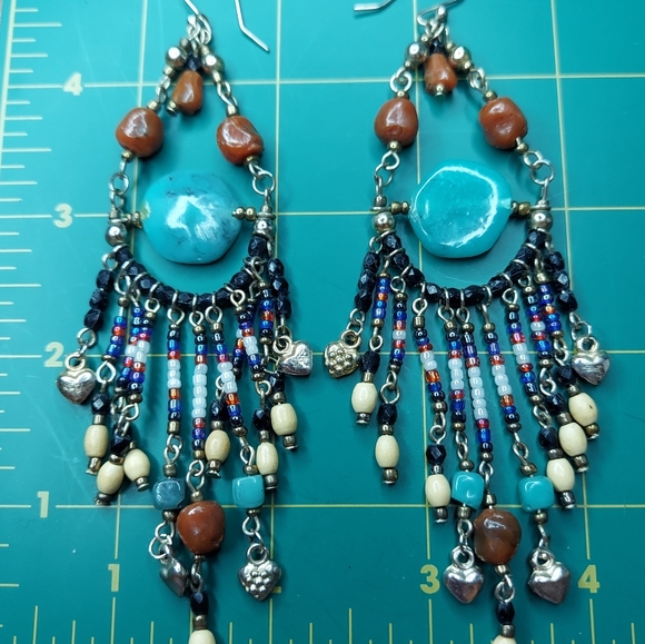 Boho Artisan Long Drop Earrings Stone Wood Glass 5" Long - Picture 4 of 5